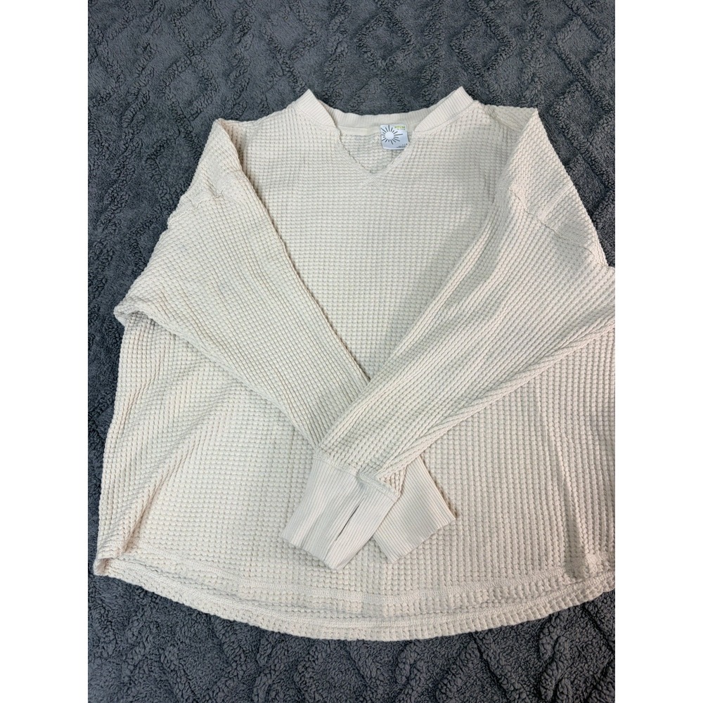 OFFLINE by Aerie Cream Waffle Knit Oversized V-Neck Top with Thumbholes Large